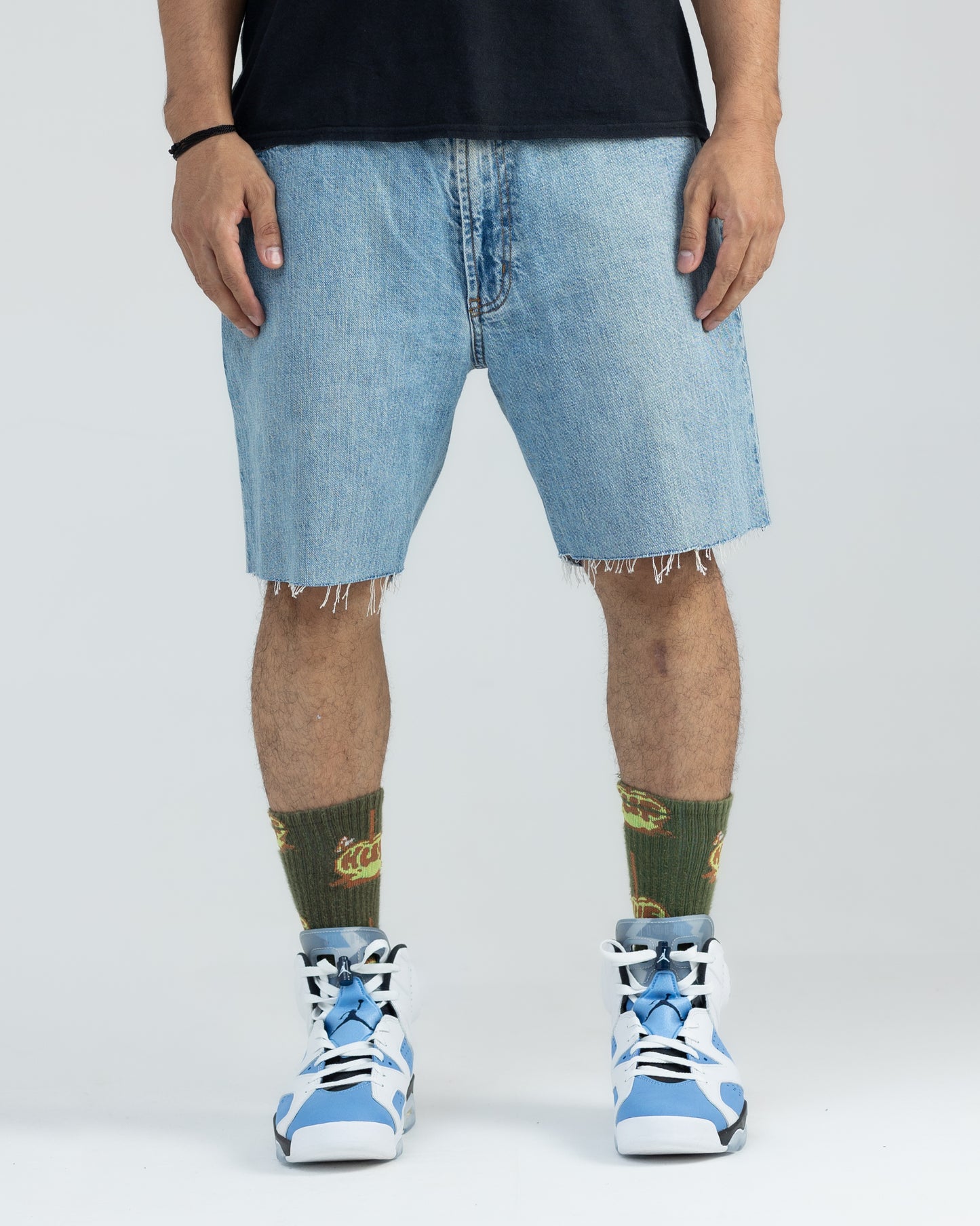 Indigo Palm Denim Shorts Mid Wash