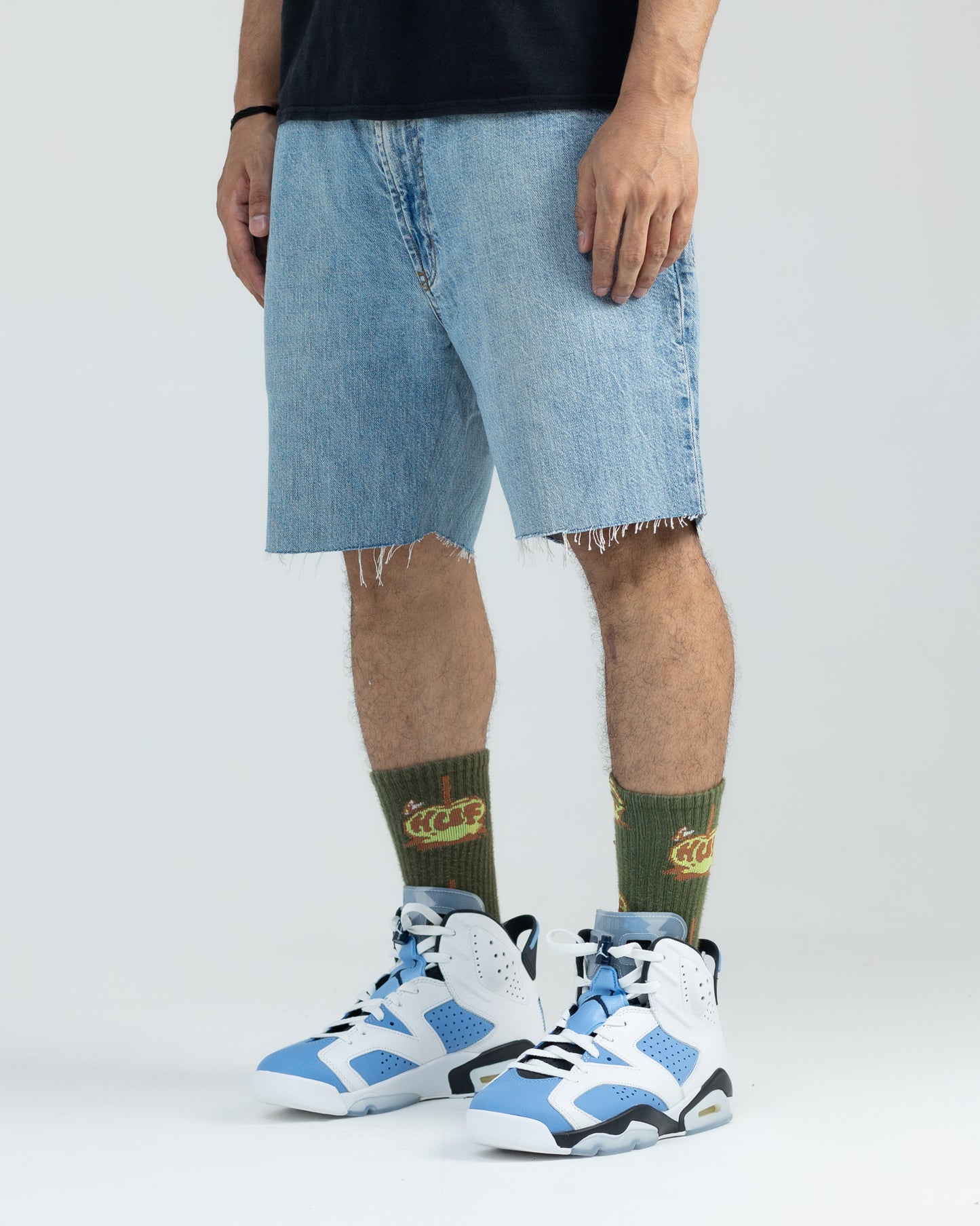 Indigo Palm Denim Shorts Mid Wash