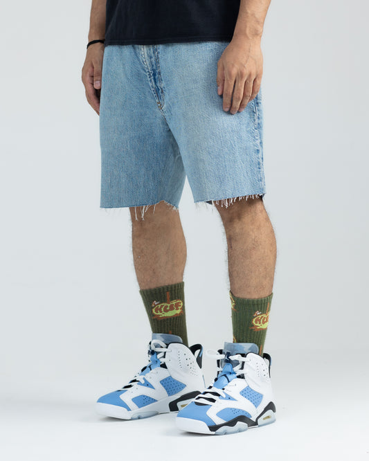 Indigo Palm Denim Shorts Mid Wash