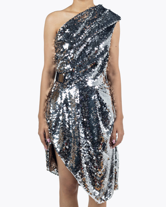 Carven One Shoulder Silver Sequin Dress