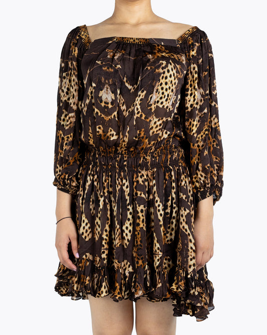 Roberto Cavalli Brown Animal Print Silk Ruffled Dress