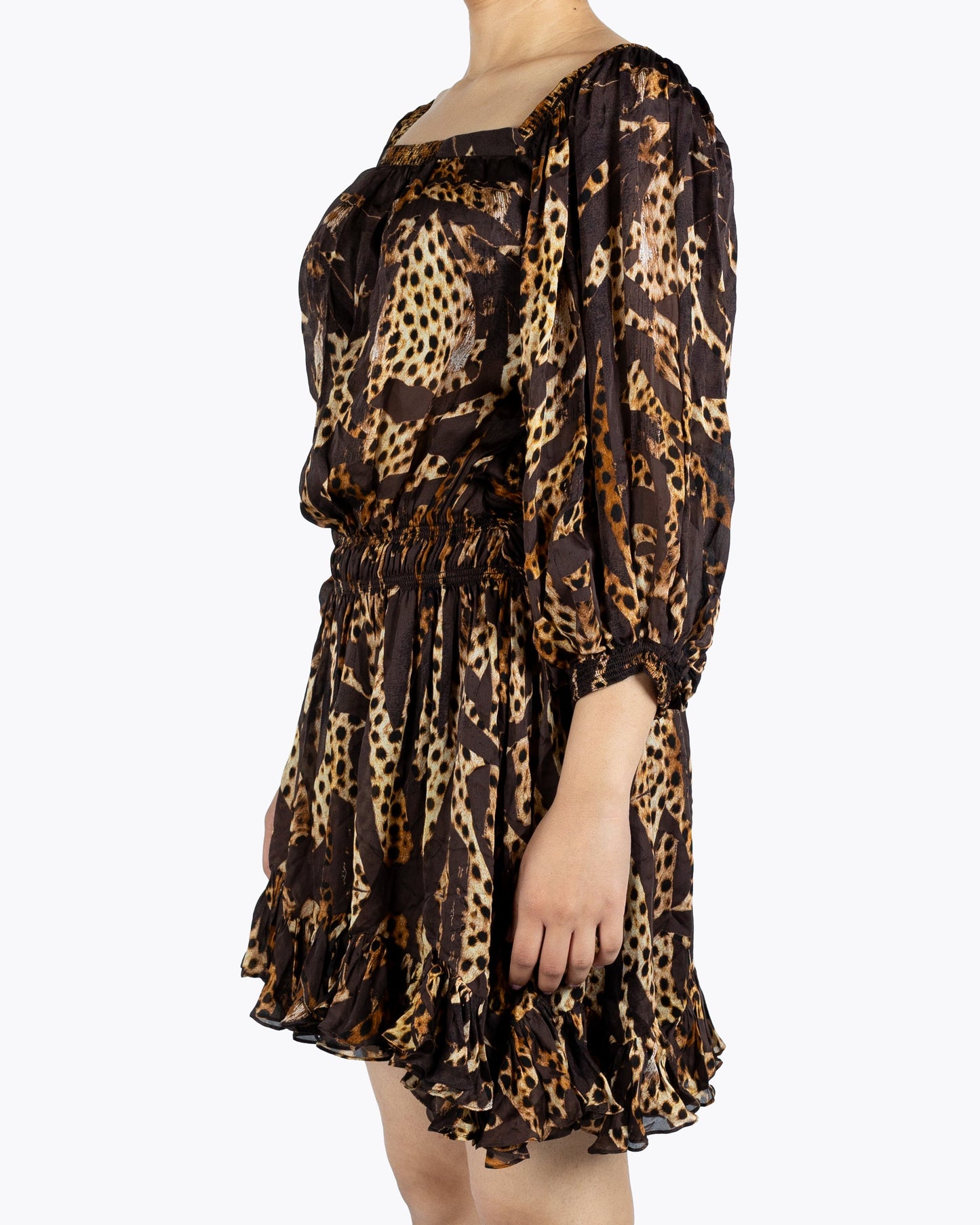 Roberto Cavalli Brown Animal Print Silk Ruffled Dress