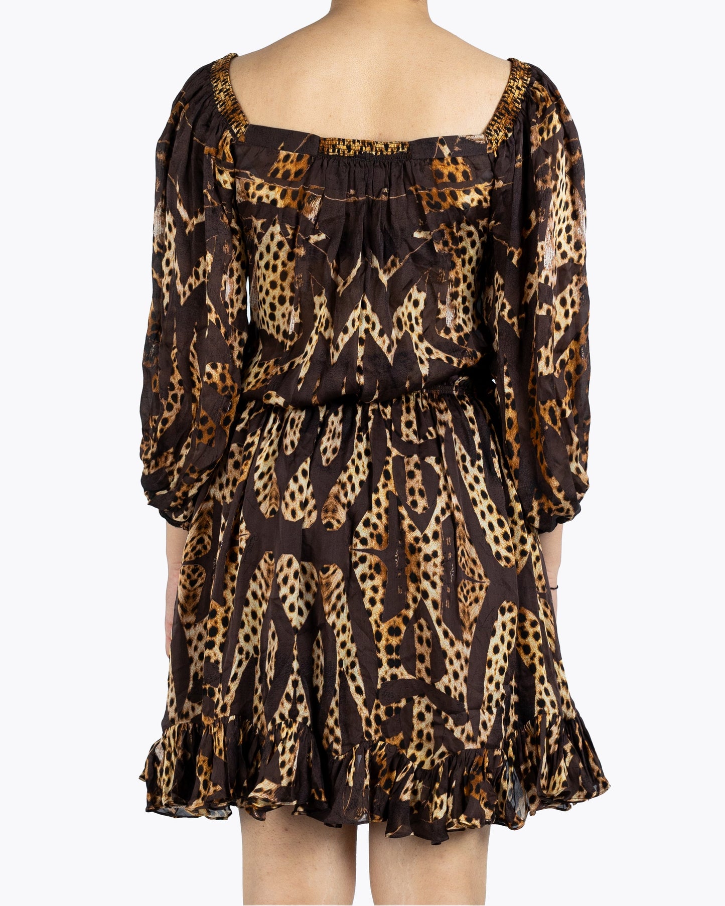 Roberto Cavalli Brown Animal Print Silk Ruffled Dress