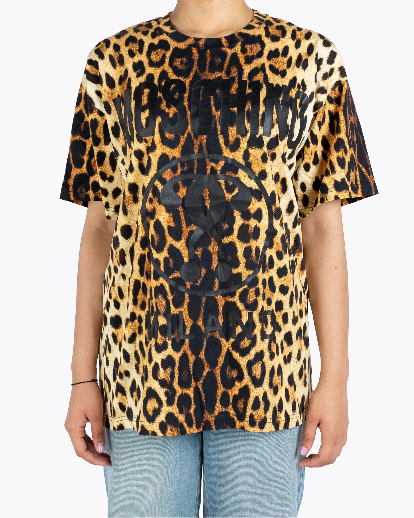 Moschino Couture Tan & Black Leopard Print Cotton Crew-Neck T-Shirt