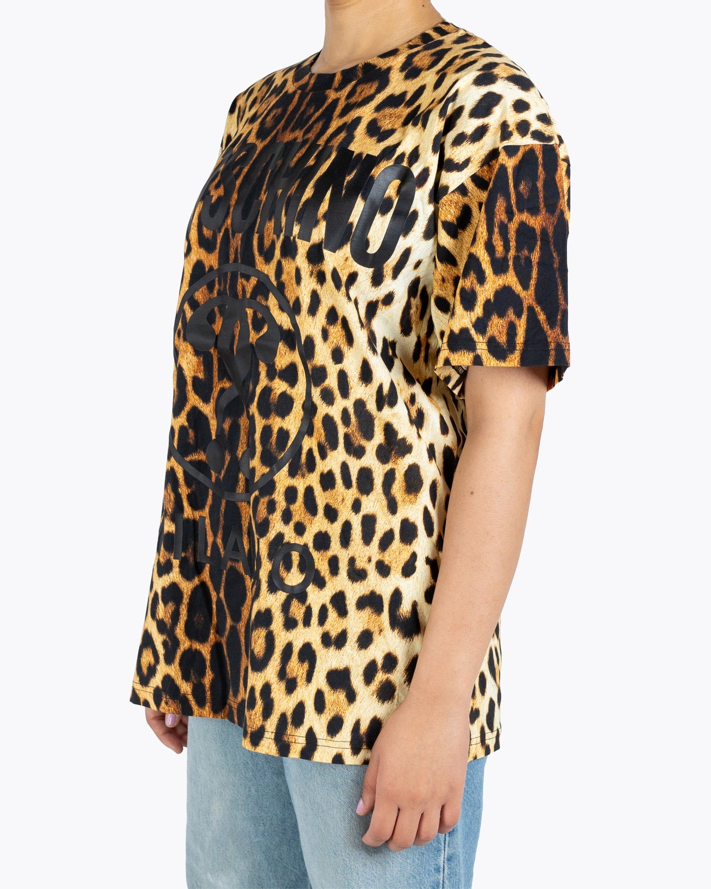 Moschino Couture Tan & Black Leopard Print Cotton Crew-Neck T-Shirt