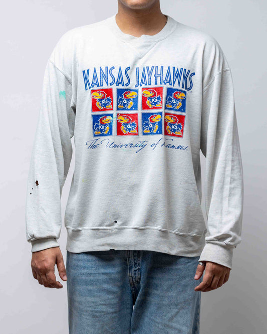 Vintage 80'S Kansas Jayhawks Distressed Crewneck Grey