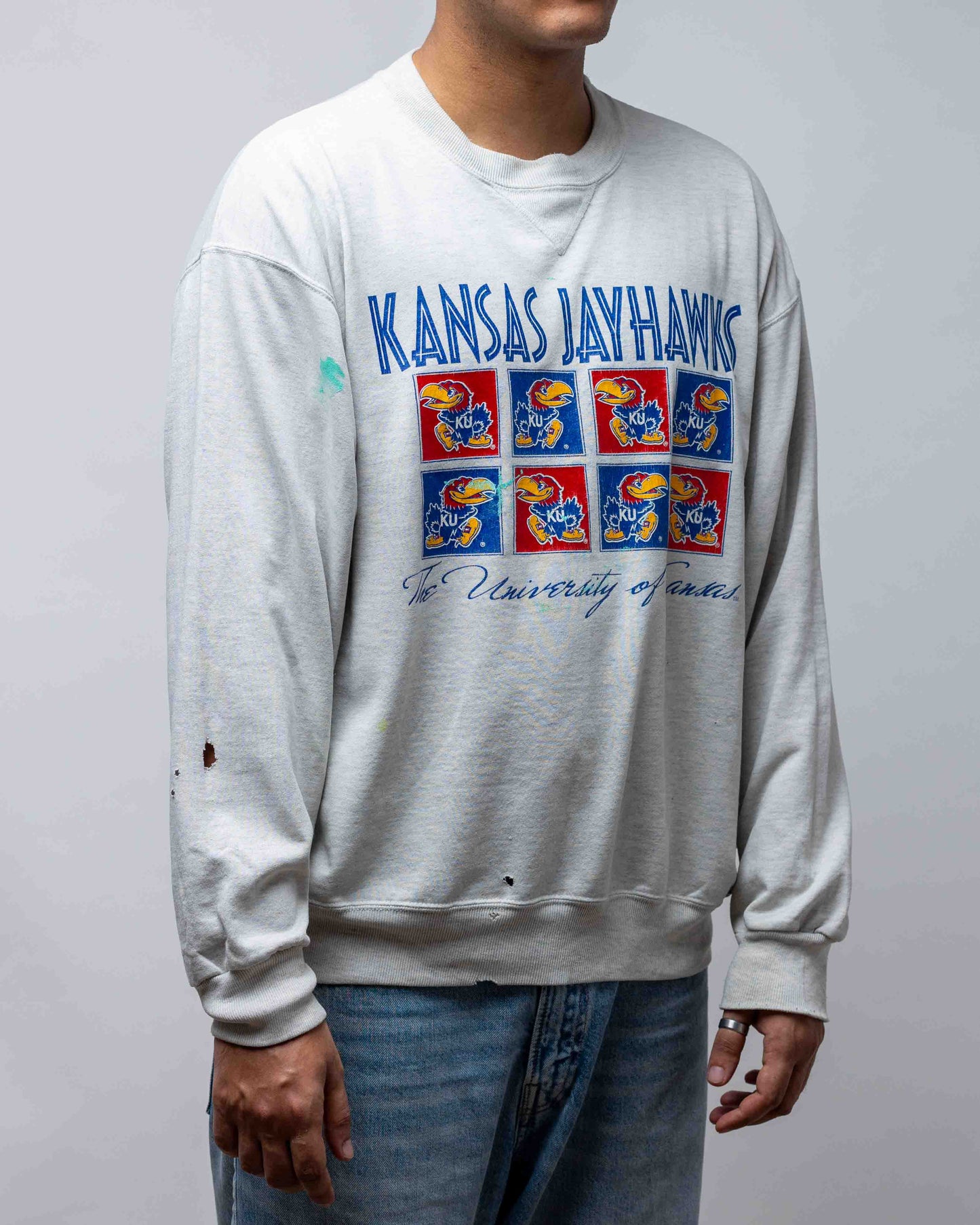 Vintage 80'S Kansas Jayhawks Distressed Crewneck Grey