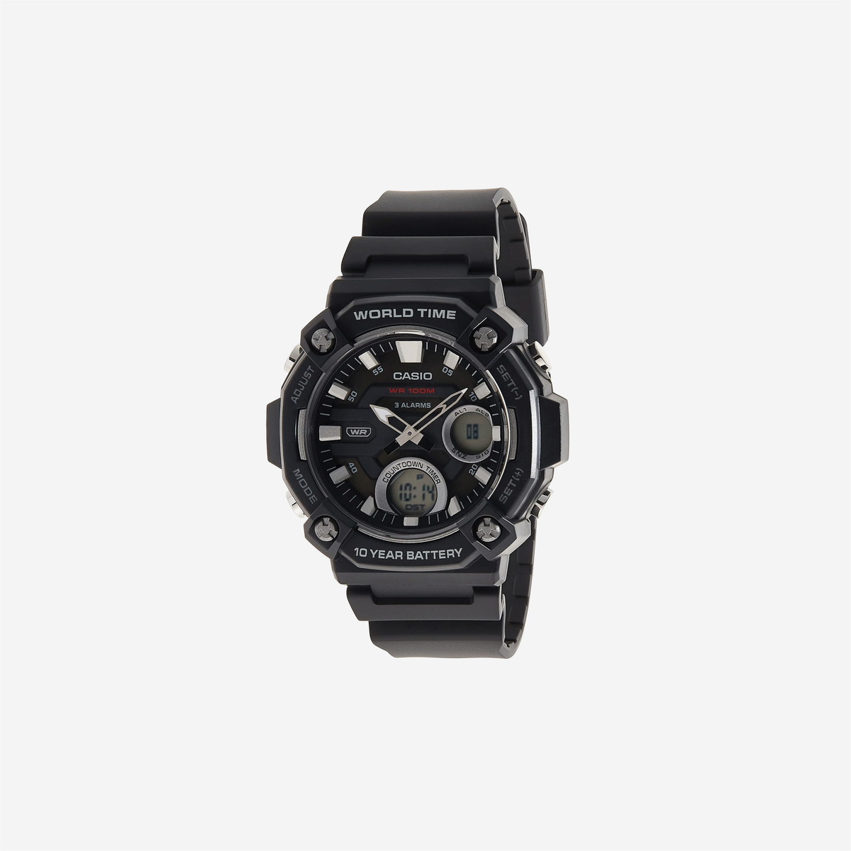 Casio AEQ120W Series / Analog-Digital Watch /100M Water Resistance / Multi Alarms / 100 SEC Stopwatch / Countdown Timer / World Map for World Time / LED Light / LC Display / 10 Yr Batt