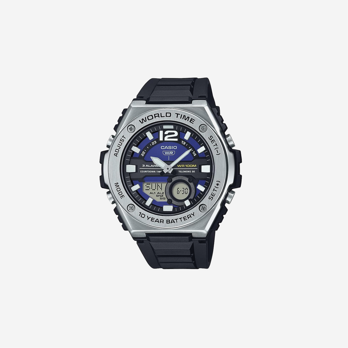 Casio MWQ100 Series / Digital Watch / 100M WR / Stainless Steel / World Time / Countdown Timer / Auto Calendar / Telememo / Multi Alarms / 100 SEC Chronograph / 10 Year Battery