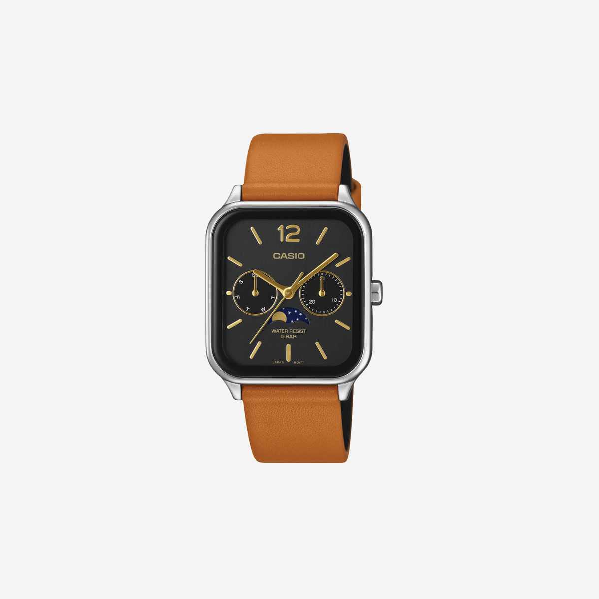 Casio MTP-M305L-1AV Moon Phase Black Dial Brown Leather Band Watch