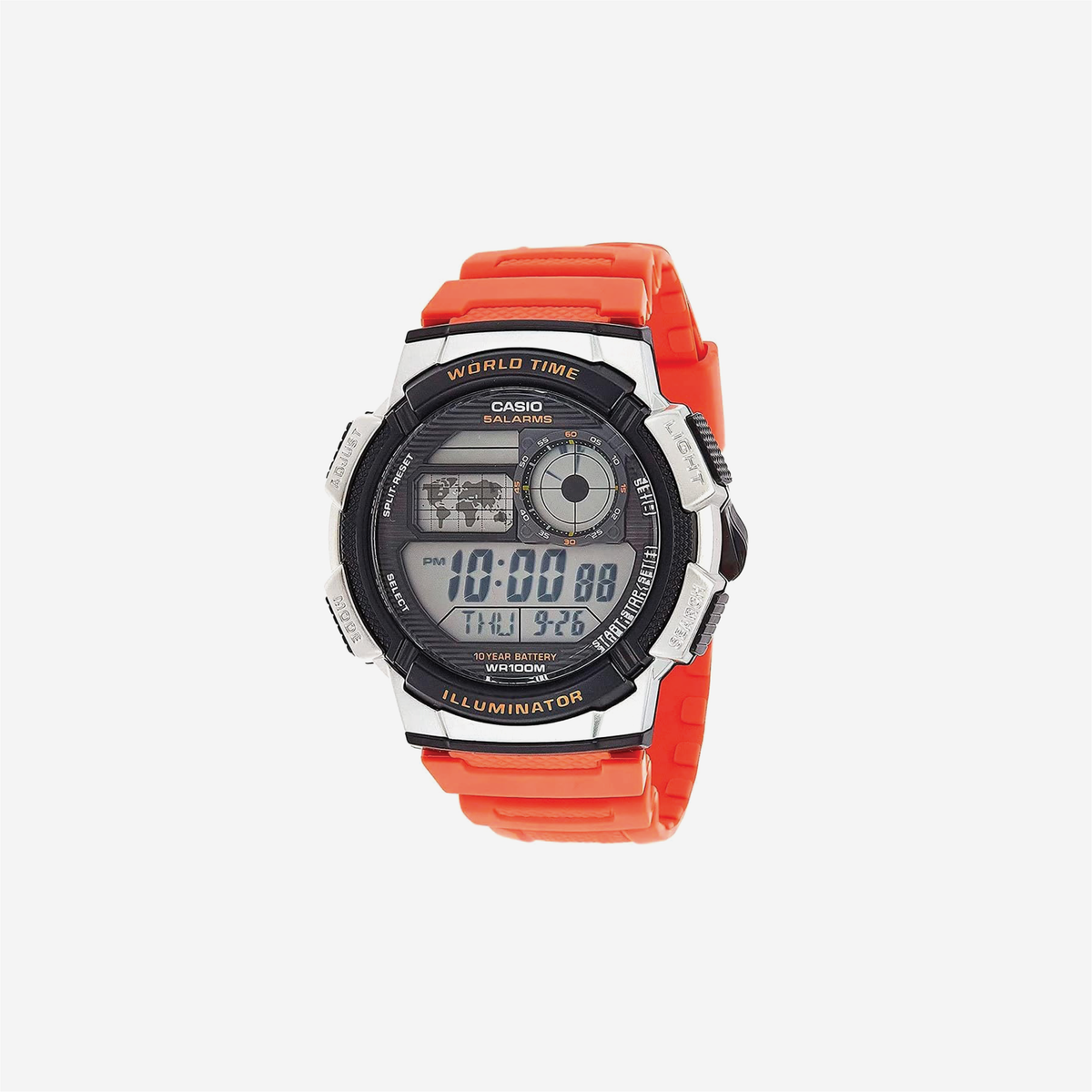 Casio AE-1000W-4BV 100M WR Multi Alarms 100 SEC Stopwatch Countdown Timer World Map for World Time LED Light LC Analog Display 10 Year Battery Digital Watch