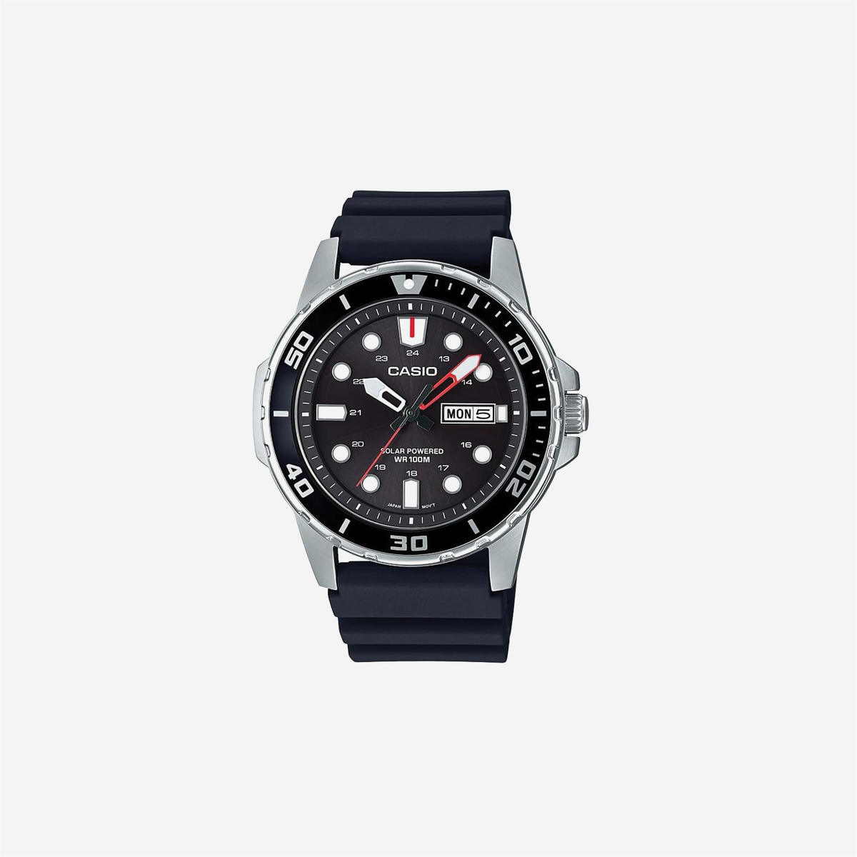 Casio MTPS110 Series 100M WR Stainless Steel Case Date Display Low Battery Alert Diver Inspired Styling Solar Powered Analog Watch
