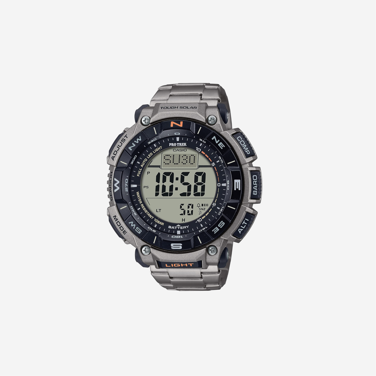 Casio PRG340 Series / Pro Trek / 100 Meter Water Resistance / Compass / Alt/Baro-Thermo / Tough Solar Power / 1-100 SEC Stopwatch / Countdown Timer / World Time