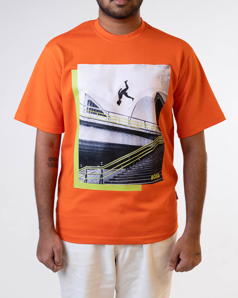 HUGO PHOTO-PRINT T-SHIRT IN STRETCH-COTTON TSHIRT - ORANGE