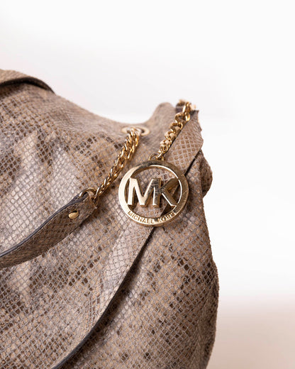 MICHAEL KORS BEIGE SNAKESKIN EMBOSSED LEATHER CYNTHIA SHOULDER BAG