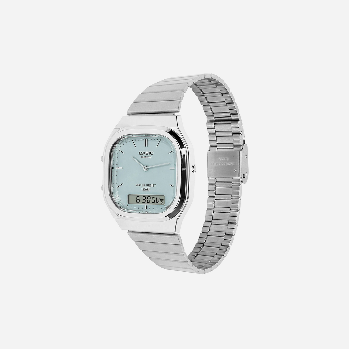 Casio Vintage AQ-240E-2A Light Blue Dial Analog Digital Stainless Steel Watch with Dual Time D429