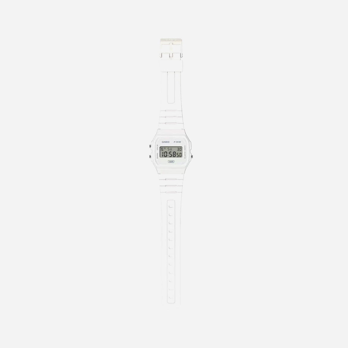 Casio F-91WB Series / Digital Watch / White / Bio-Based Resin Band / LED Backlight / Stopwatch / Daily Alarm / Auto Calendar / 12/24 Hour Format / Water Resistant