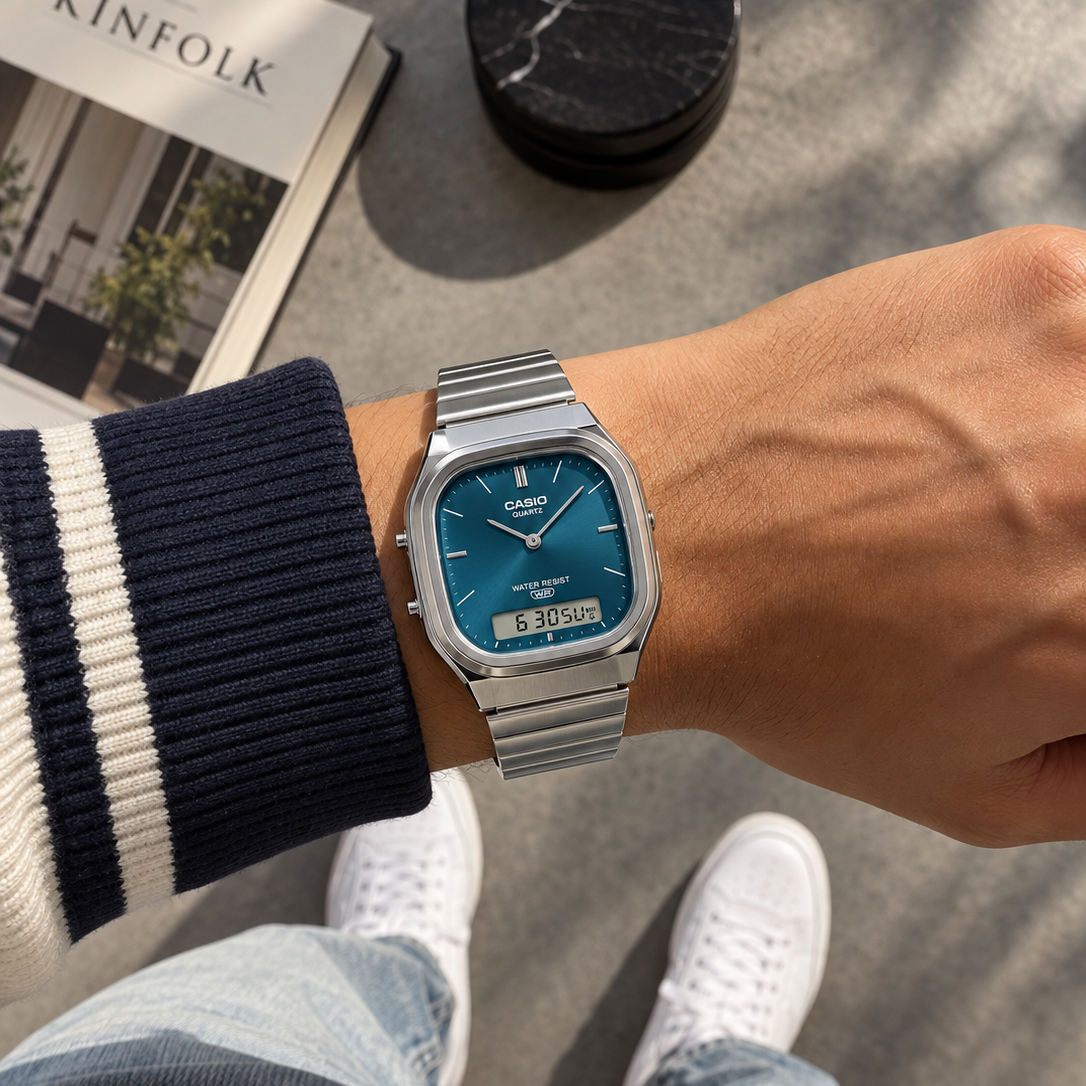 Casio Vintage AQ-240E-3A Blue Dial Analog Digital Stainless Steel Watch with Dual Time D419