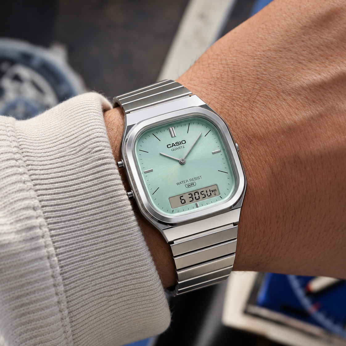 Casio Vintage AQ-240E-2A Light Blue Dial Analog Digital Stainless Steel Watch with Dual Time D429