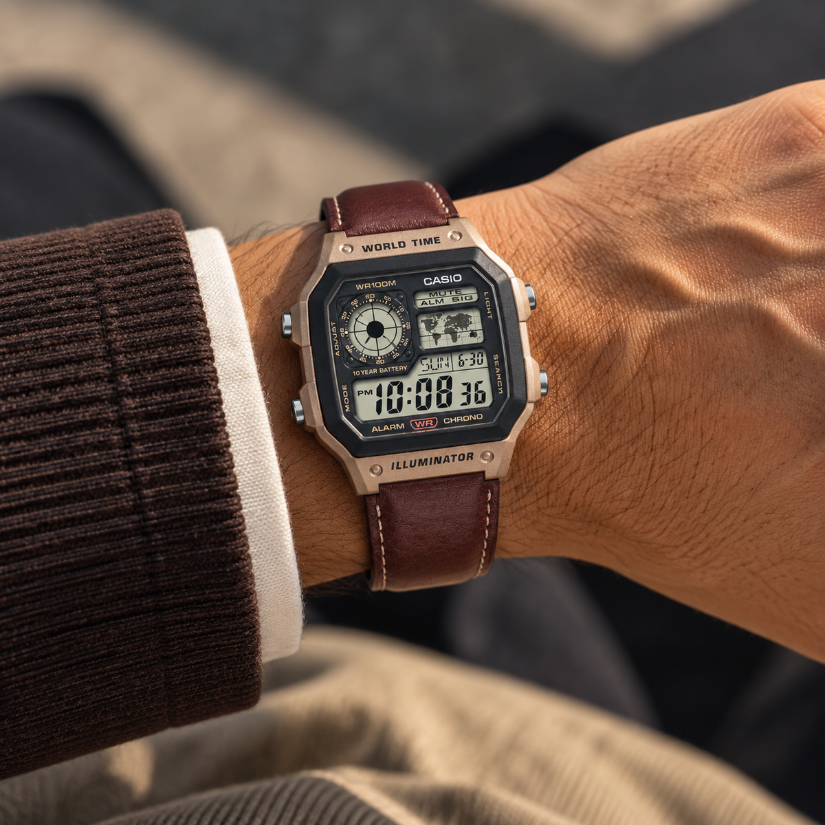 Casio Youth AE-1200WHL-5AVDF Digital Black Dial Brown Leather Strap Watch