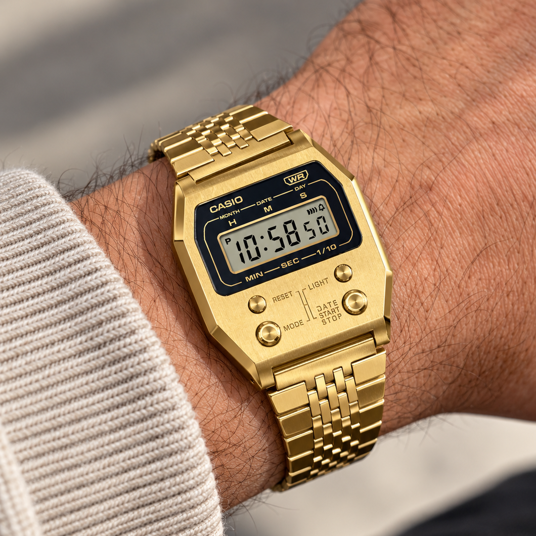 Casio Unisex Vintage A1100G-5DF Gold Digital Dial Gold Stainless Steel Band