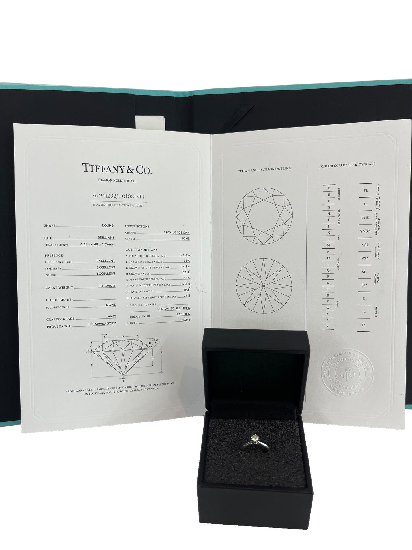 TIFFANY & CO CLASSIC PRAWN PLATINUM 0.34 CARAT VVS DIAMOND RING WITH TIFFANY CERTIFICATE