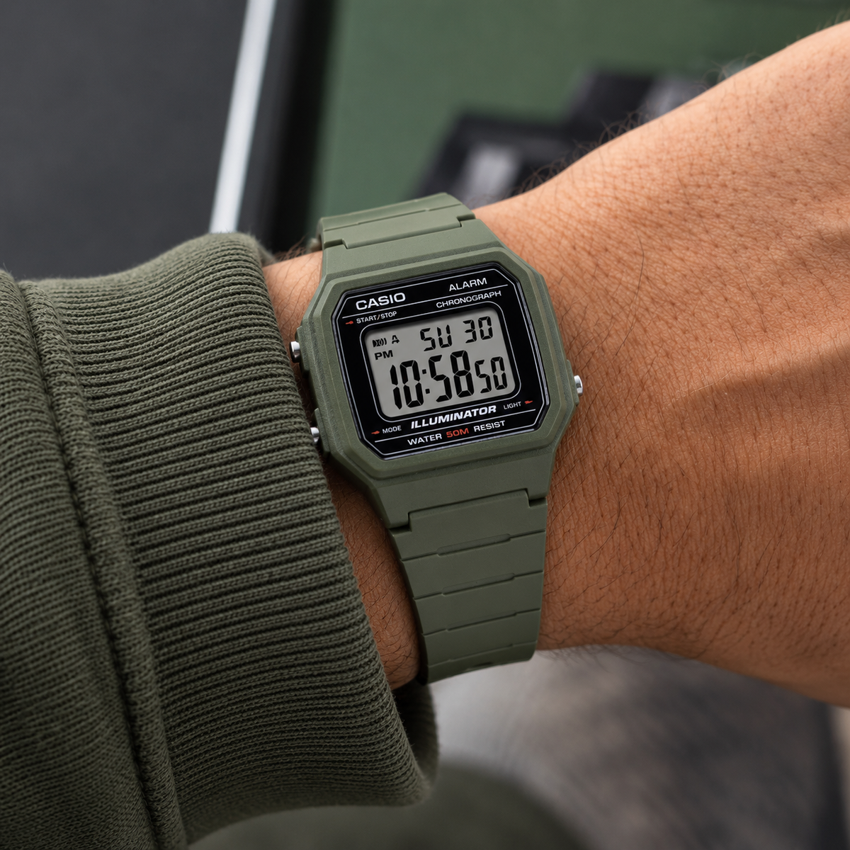 Casio Illuminator W-217H-5AV Green Resin Strap Alarm Chronograph Digital Watch