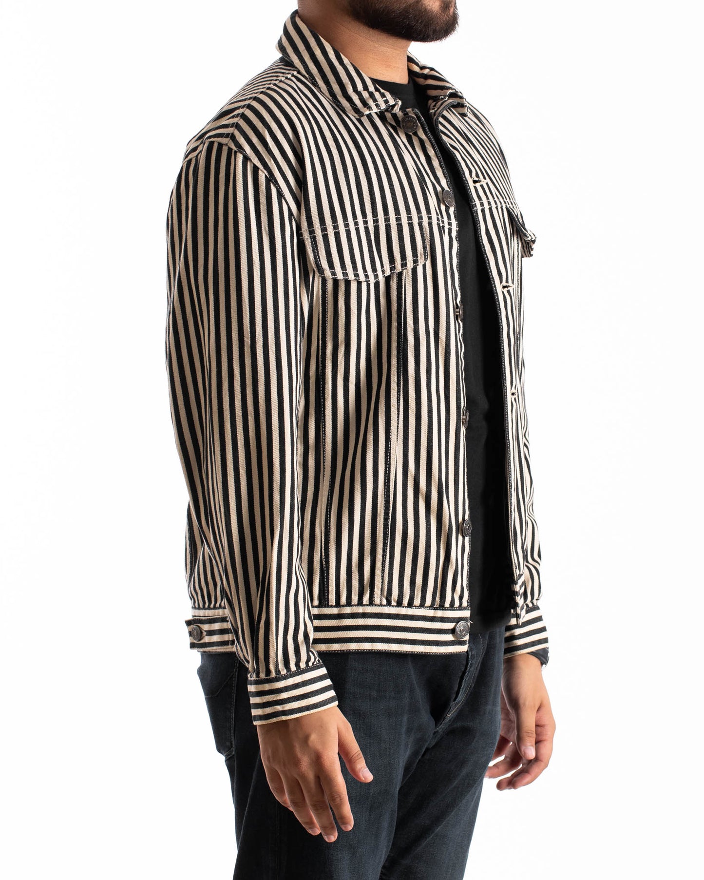 SPao Korea Black And White Stripe Denim Jacket