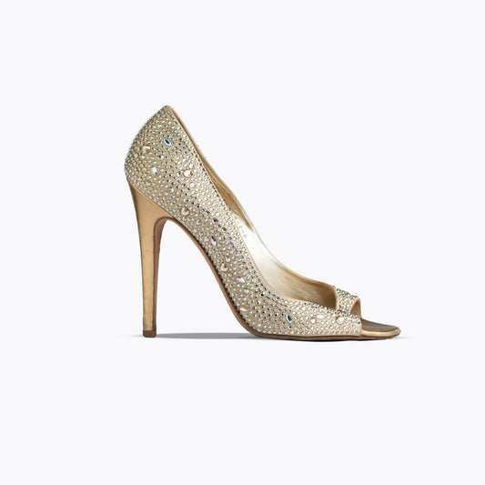 GINA BEIGE SATIN CRYSTAL EMBELLISHED PEEP TOE PLATFORM PUMPS