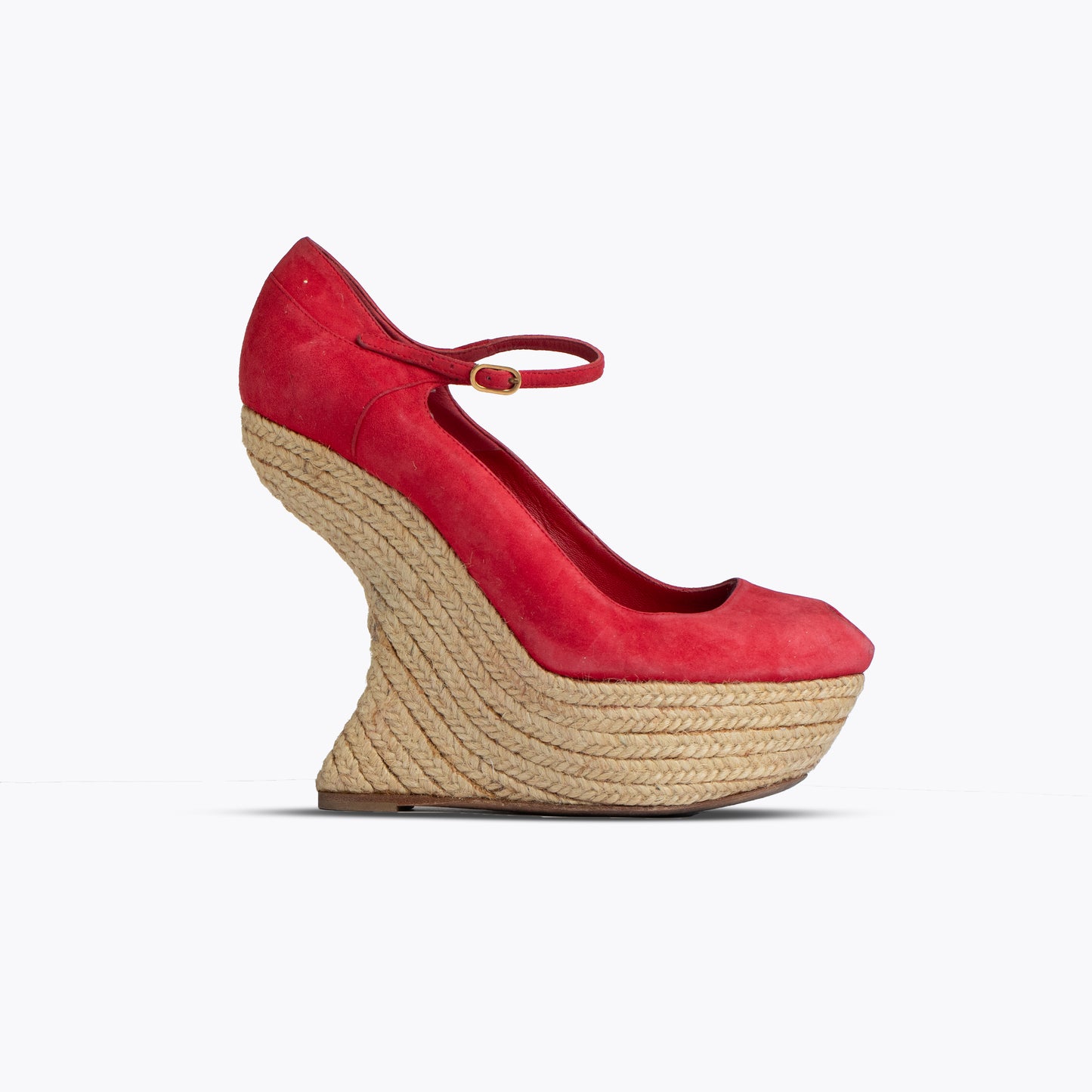 ALEXANDER MCQUEEN RED SUEDE MARY JANE CURVE WEDGES