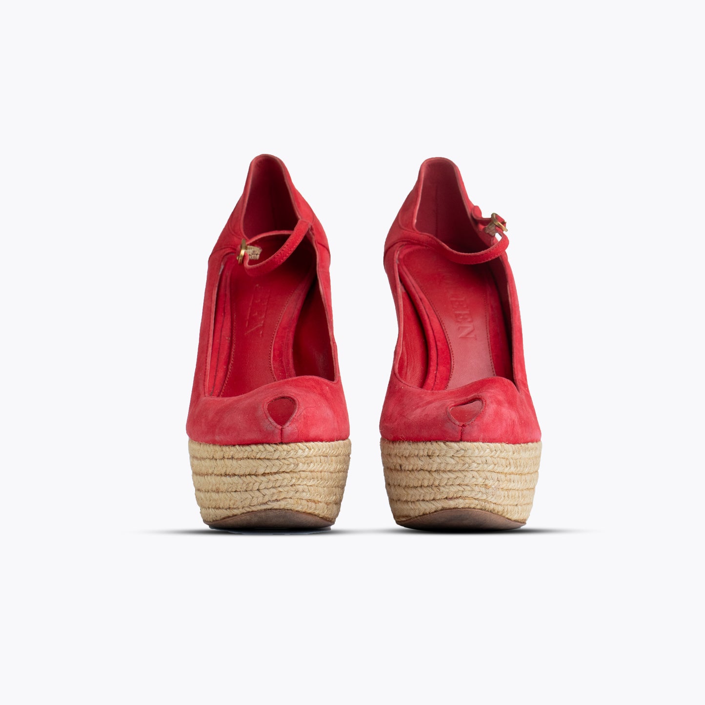 ALEXANDER MCQUEEN RED SUEDE MARY JANE CURVE WEDGES