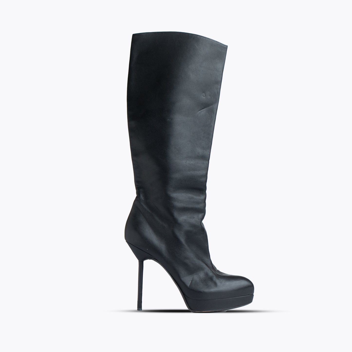 YSL Rive Gauche Knee Length Black Leather Heeled Boots