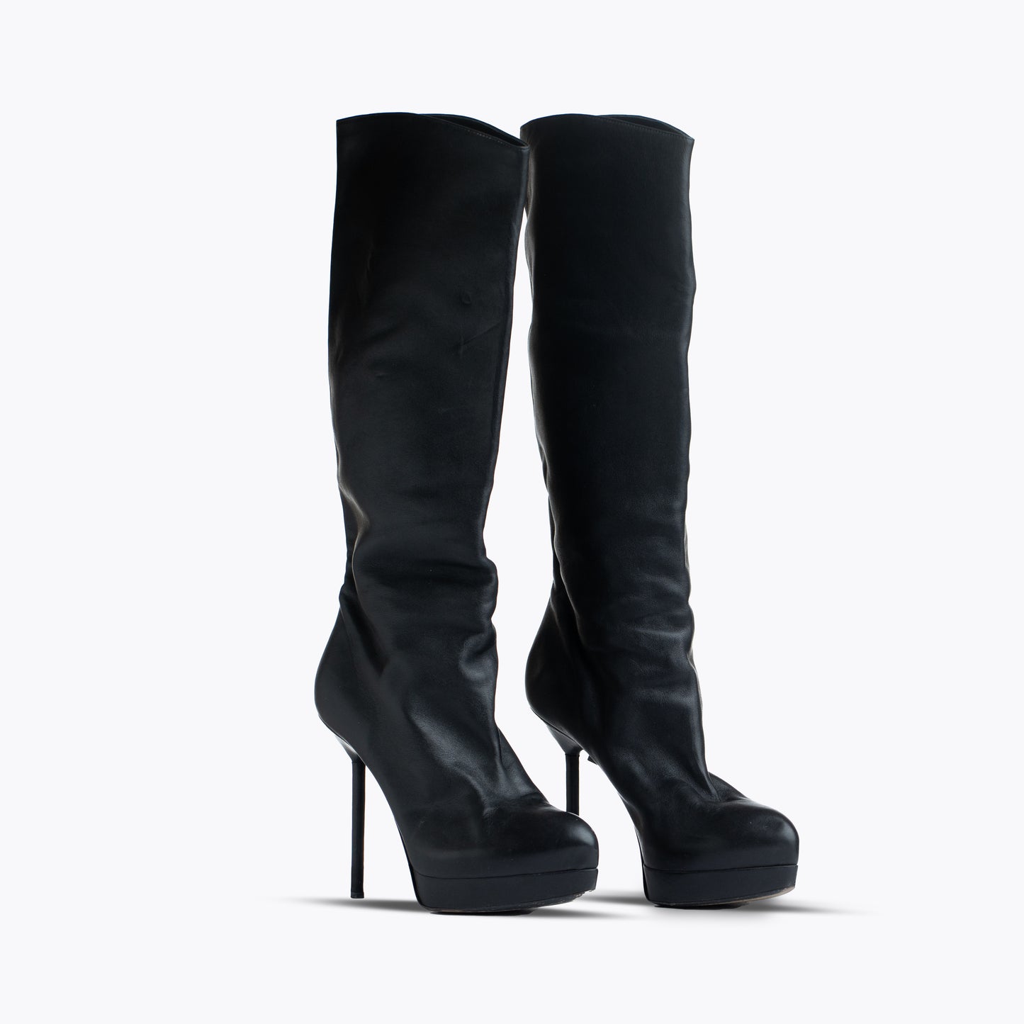 YSL Rive Gauche Knee Length Black Leather Heeled Boots