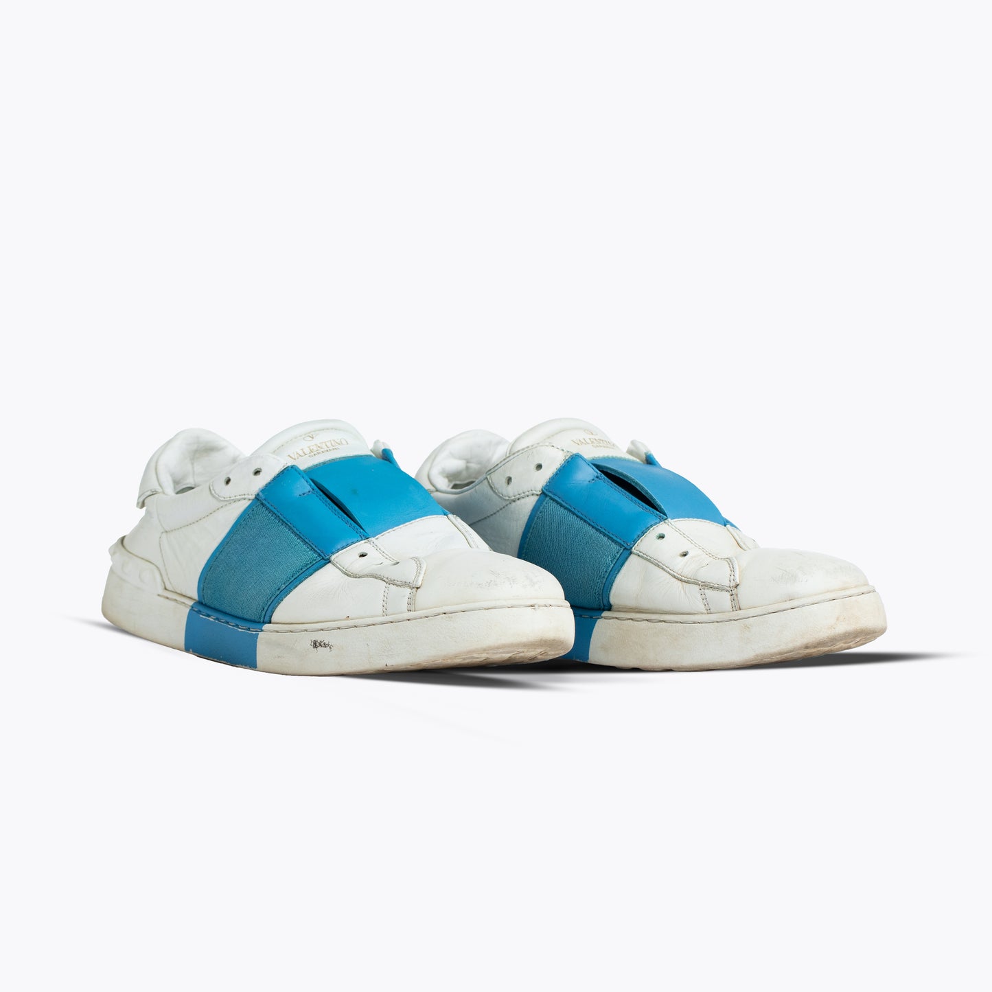 Valentino White/Blue Leather Rockstud Sneakers